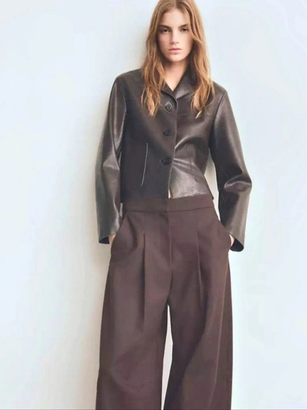 Mango Cropped Faux Leather Button-Through Jacket Brown XL